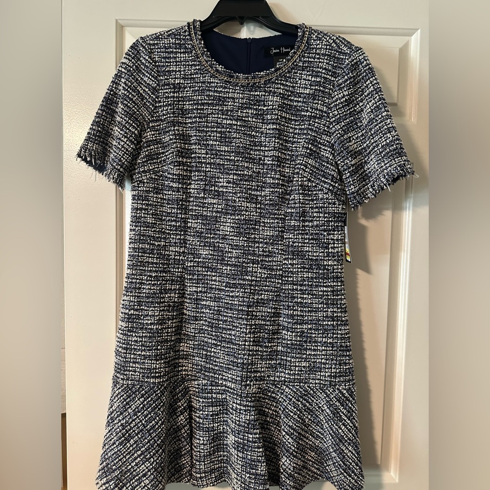 NWT Jessica Howard Navy, black, light blue and white Boucle Tweed Dress